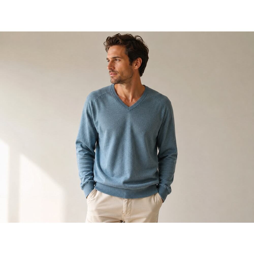 Thane Vintage Cashmere Blend Blue V-Neck Sweater Preppy FLAW Mens Large